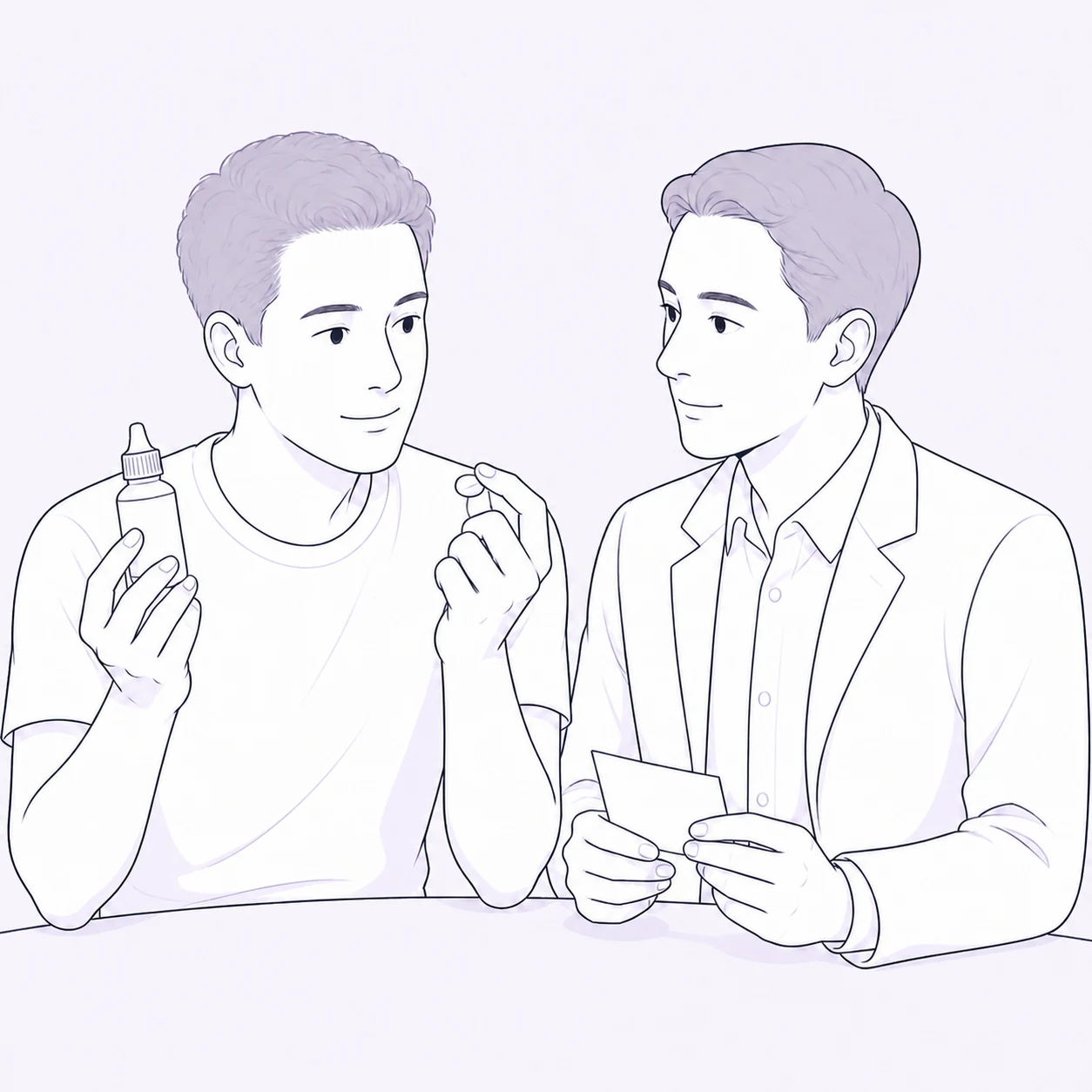 Illustration of a person discussing topical and oral finasteride with a clinician
