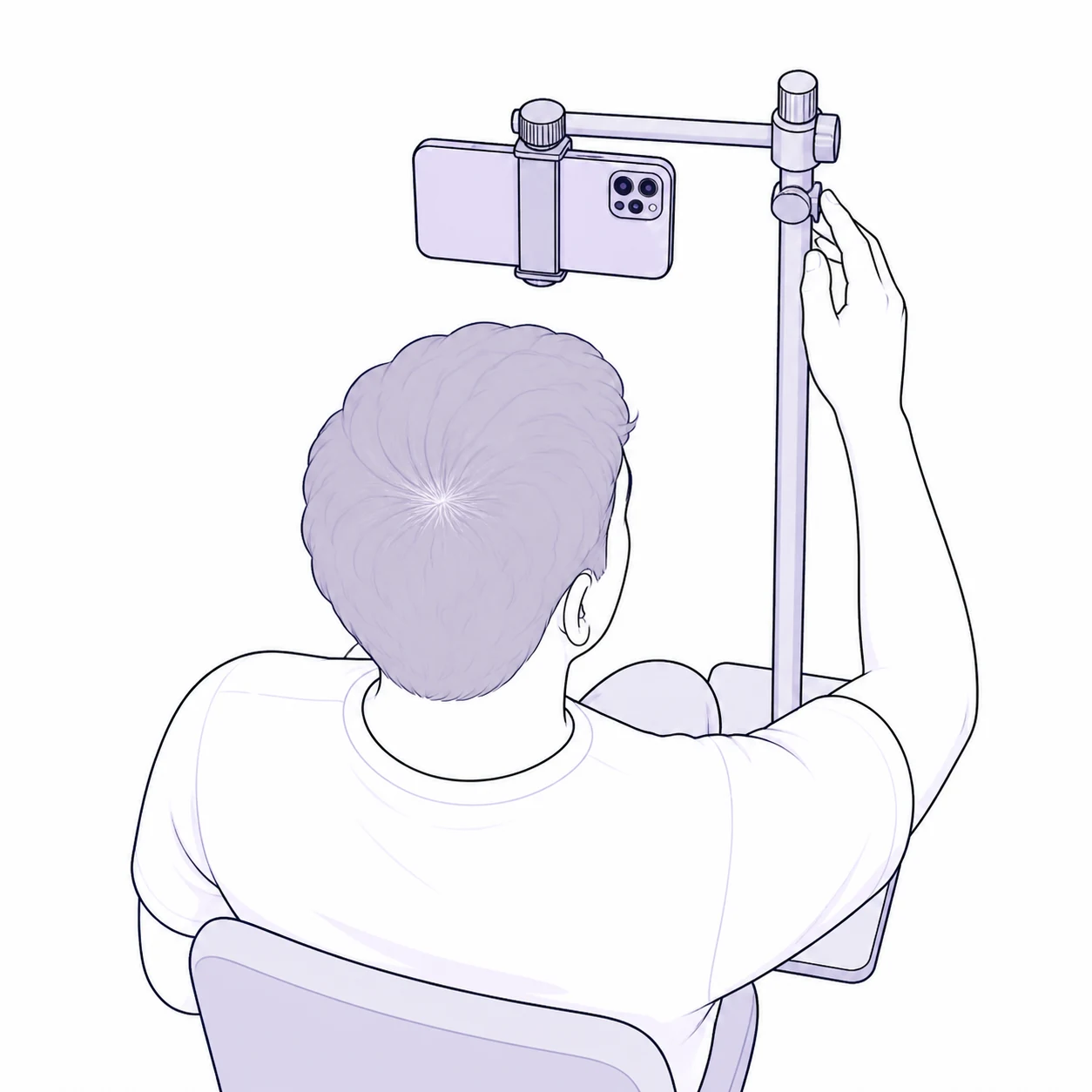 Illustration of a man seated beneath an overhead rear camera phone stand
