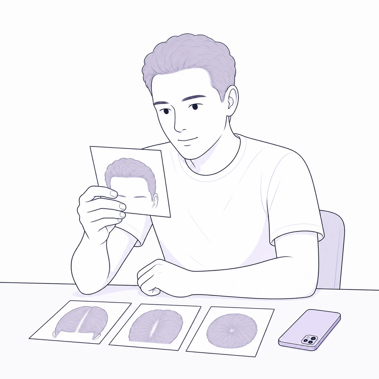 Illustration of a man reviewing separate hairline, part and crown photo cards