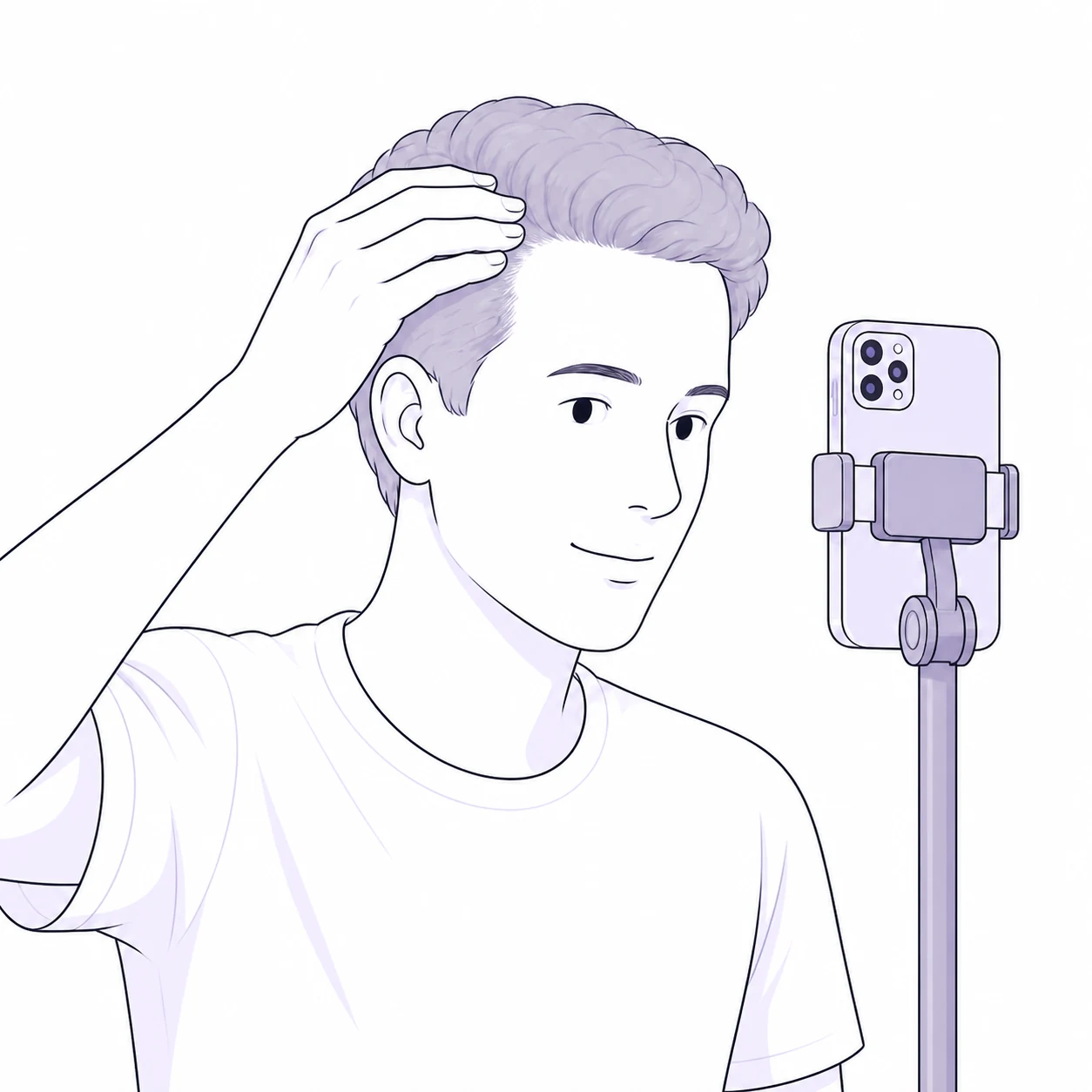 Illustration of a man holding back his temple beside a rear camera phone stand