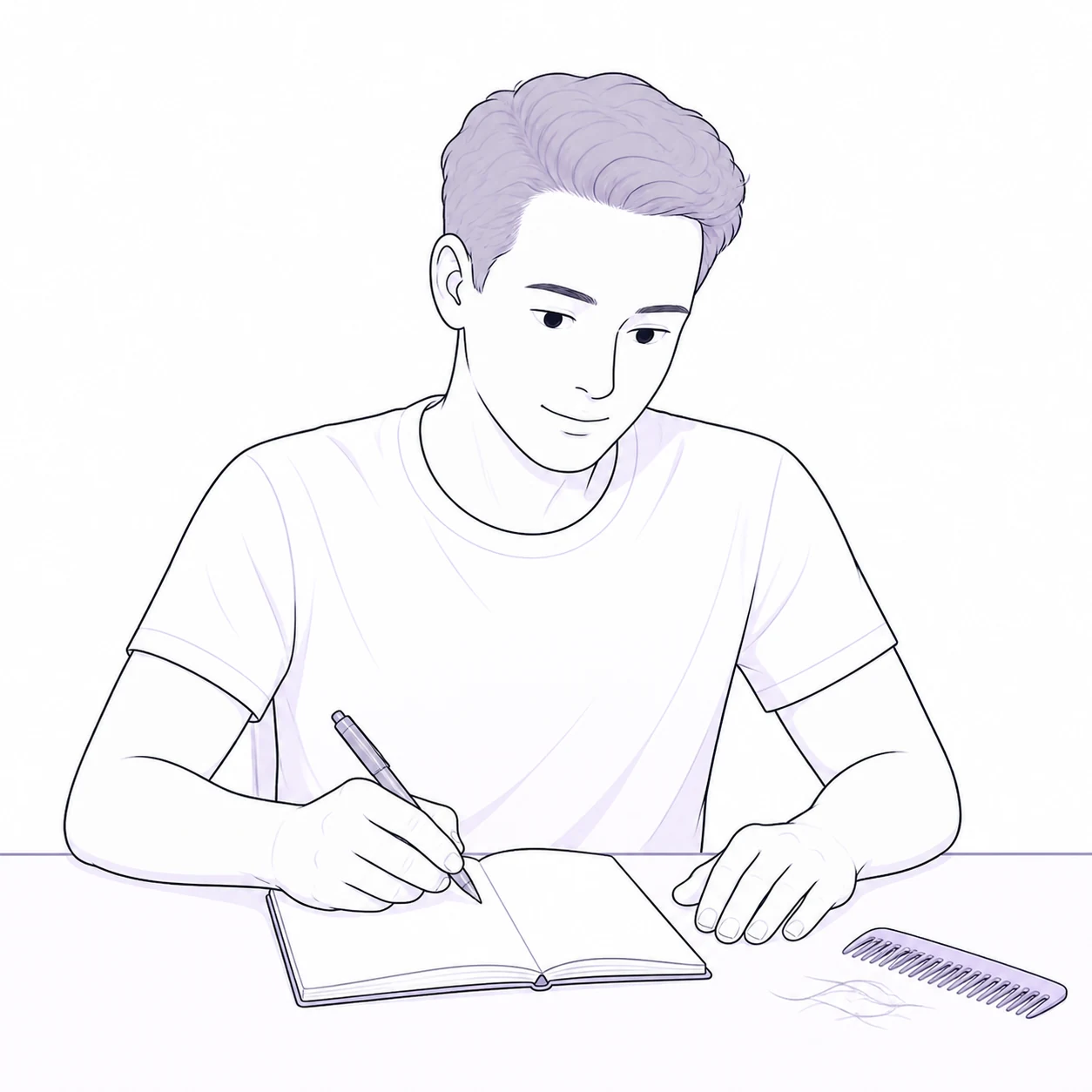Illustration of a man writing a shedding observation beside a comb with a few strands