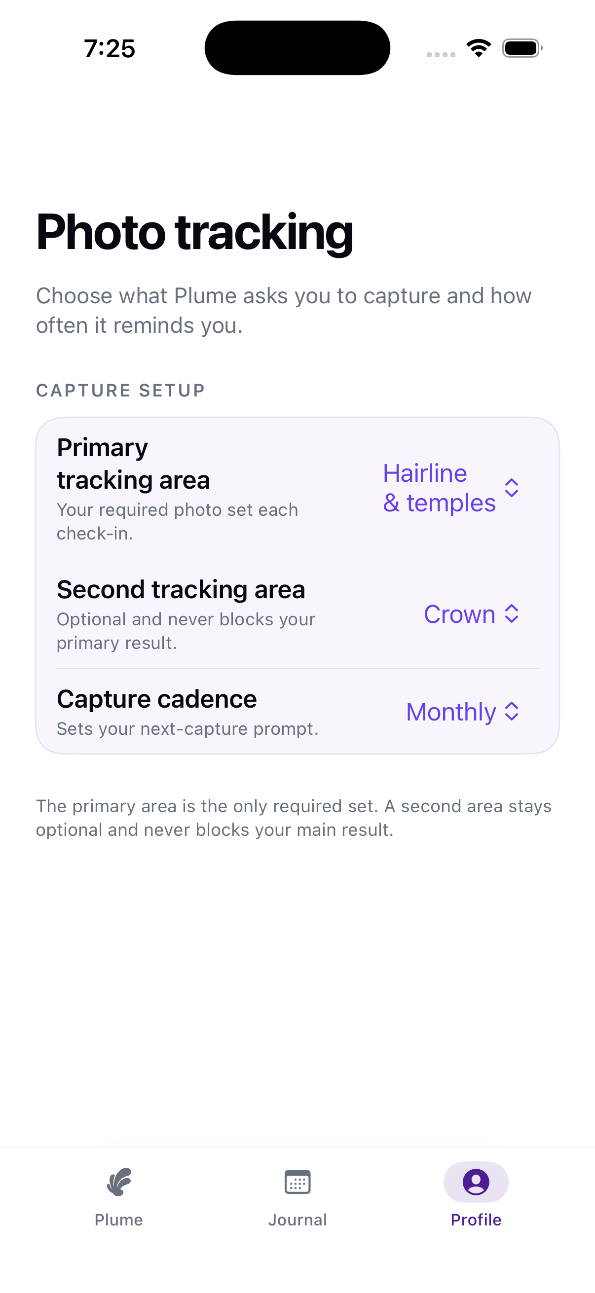 Photo area and timing setup in the Plume hair loss tracker