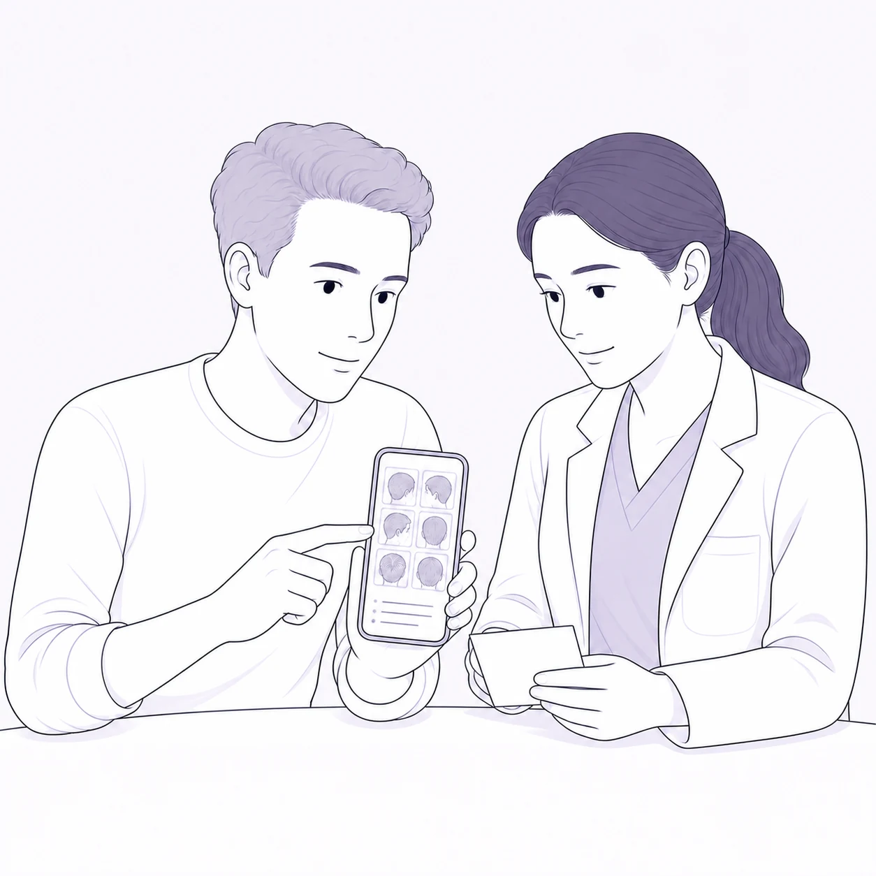 Illustration of a person reviewing an organized hair record with a clinician