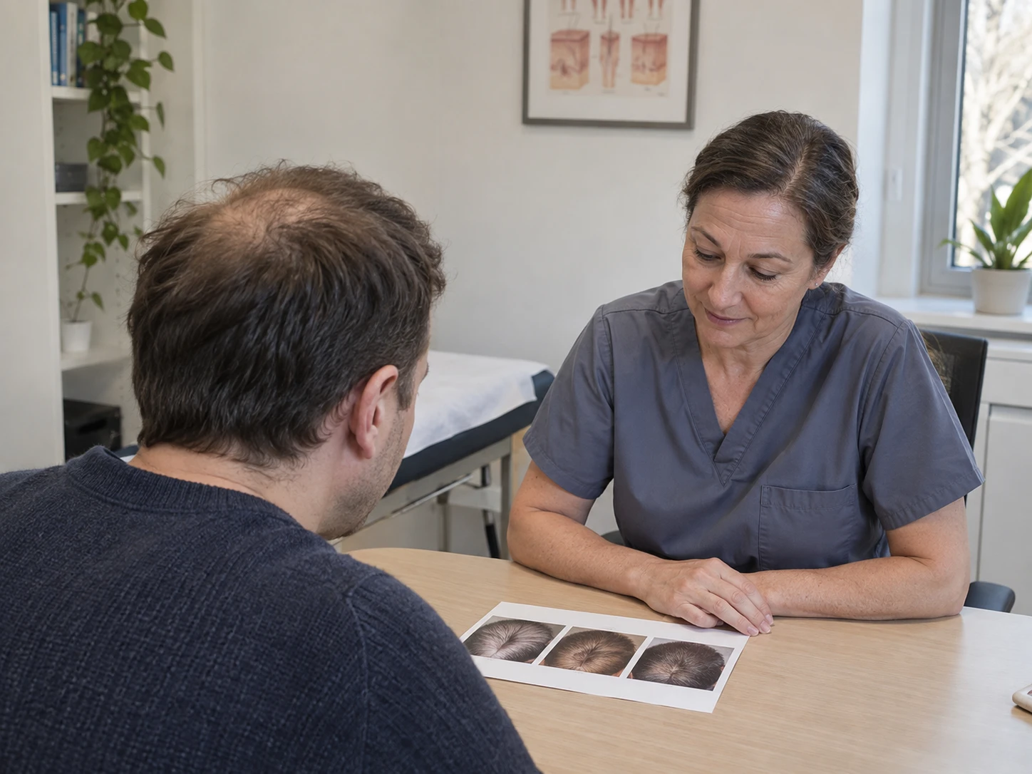 A patient and clinician reviewing printed scalp photographs together
