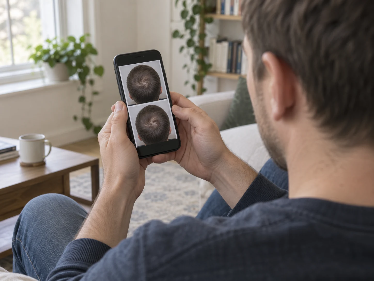 A man comparing crown photos on his smartphone at home