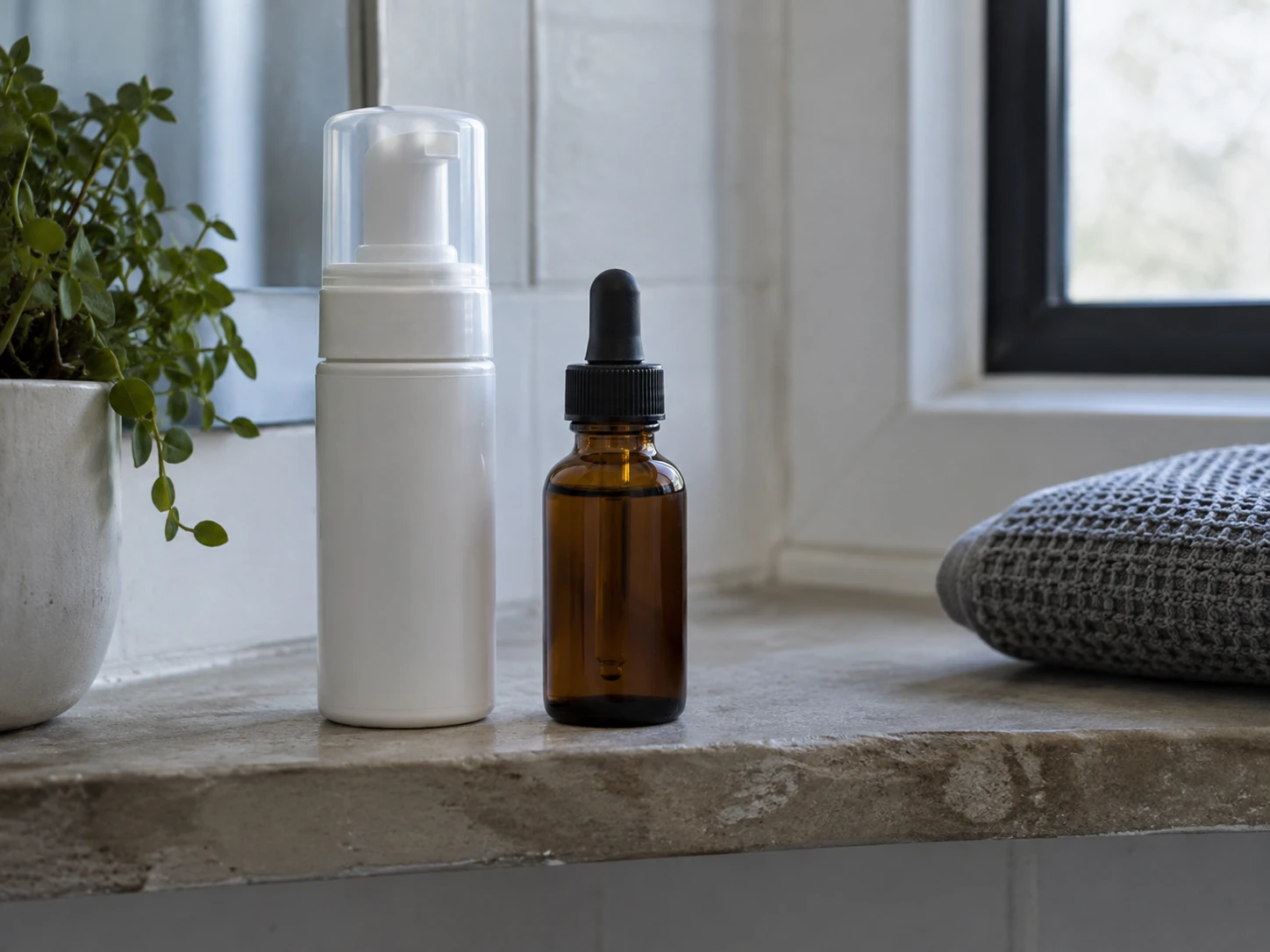 A white foam dispenser and amber dropper bottle on a bathroom shelf