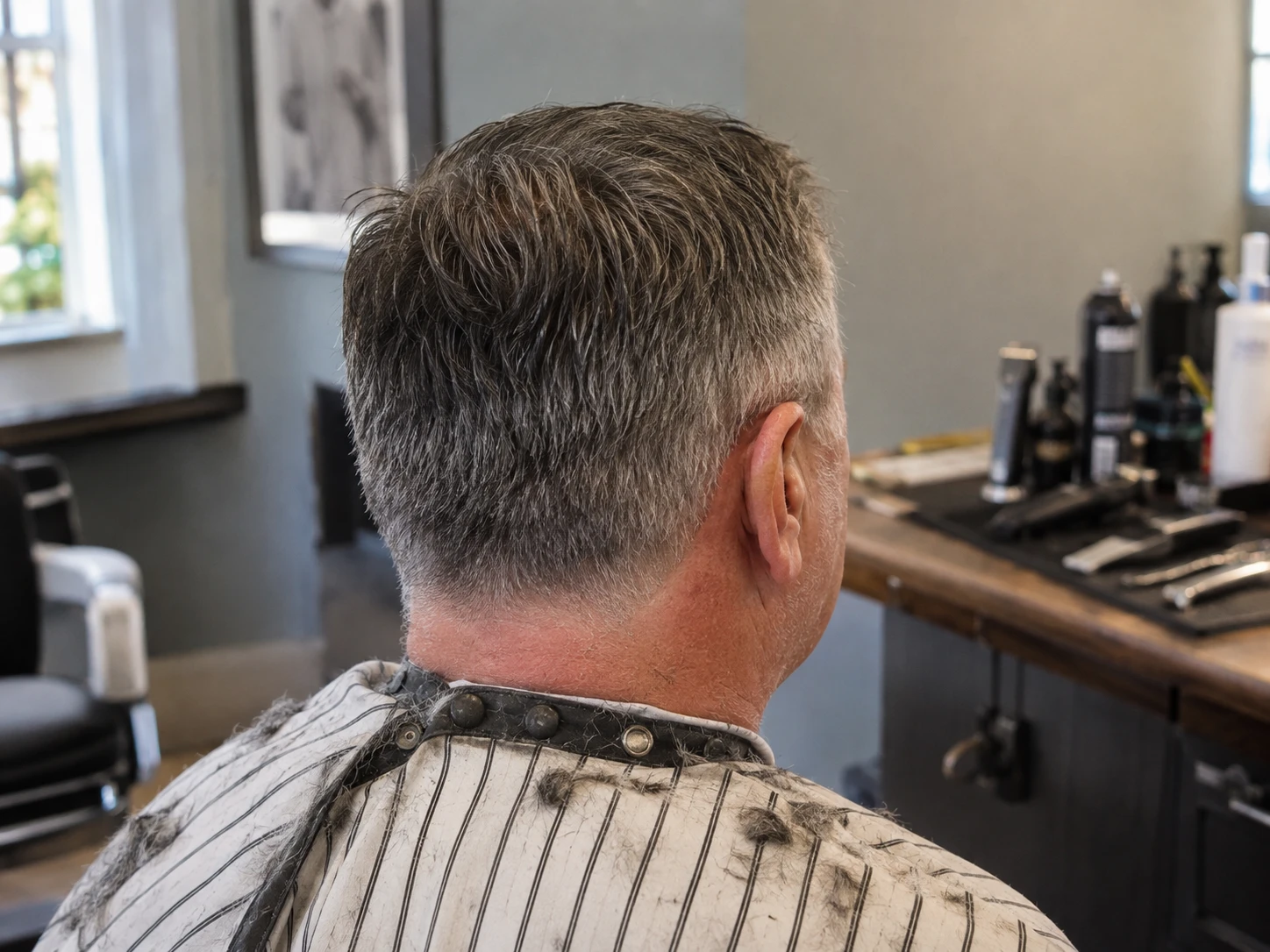 A man's gray and brown haircut seen from behind in a barbershop
