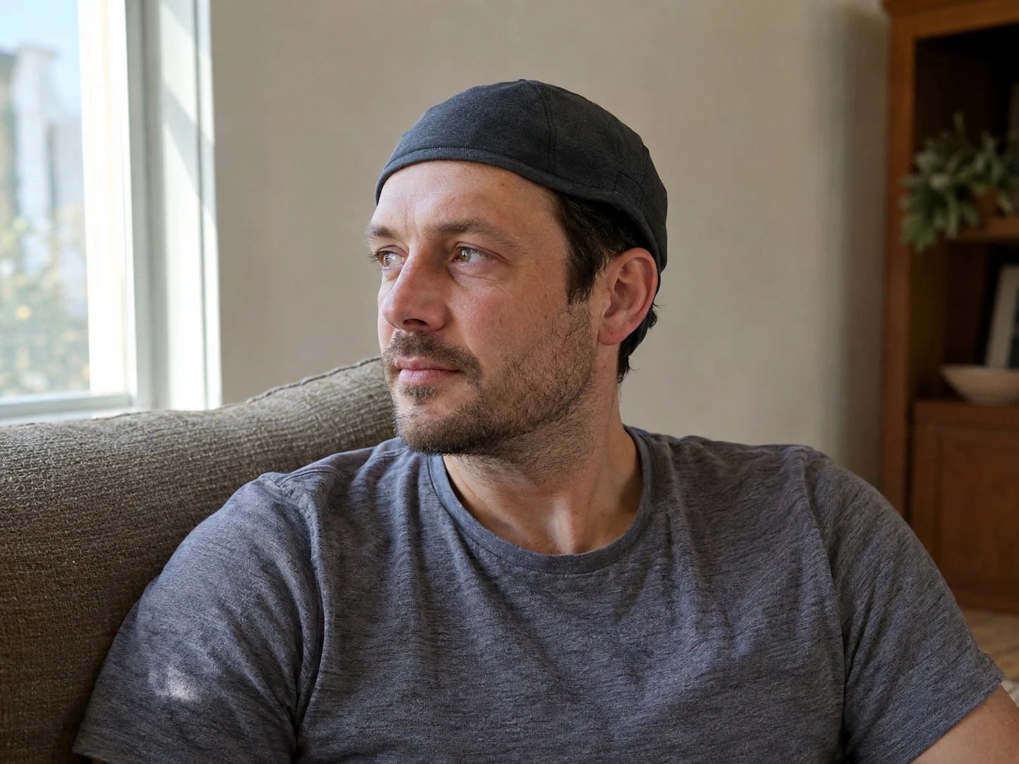 A man wearing a dark hair treatment cap beside a home window