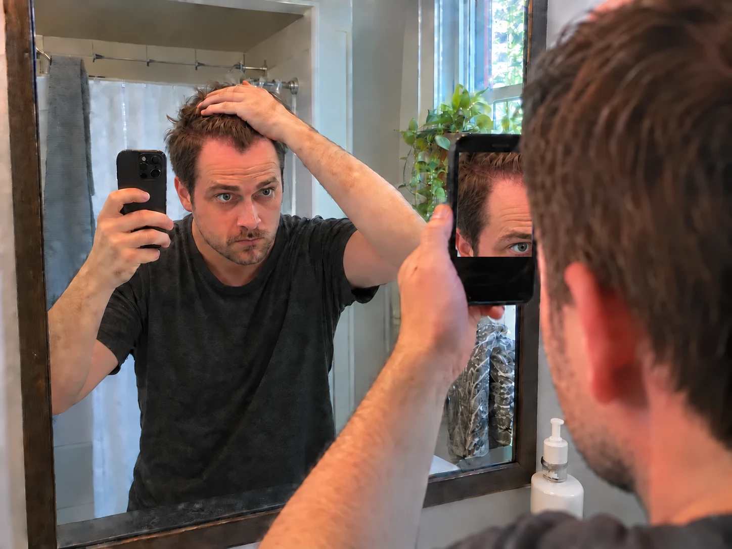 A person using a phone and mirror to frame a consistent hairline photo