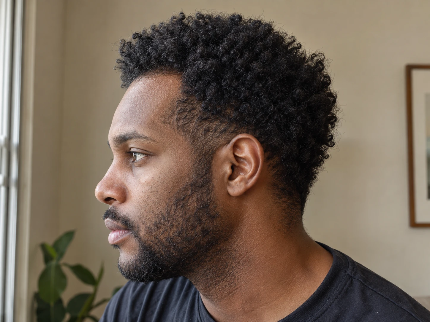 Side view of a man's natural hairline, temple and short curls
