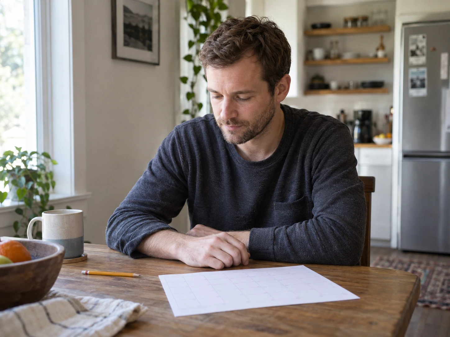A person looking at a paper calendar at a kitchen table