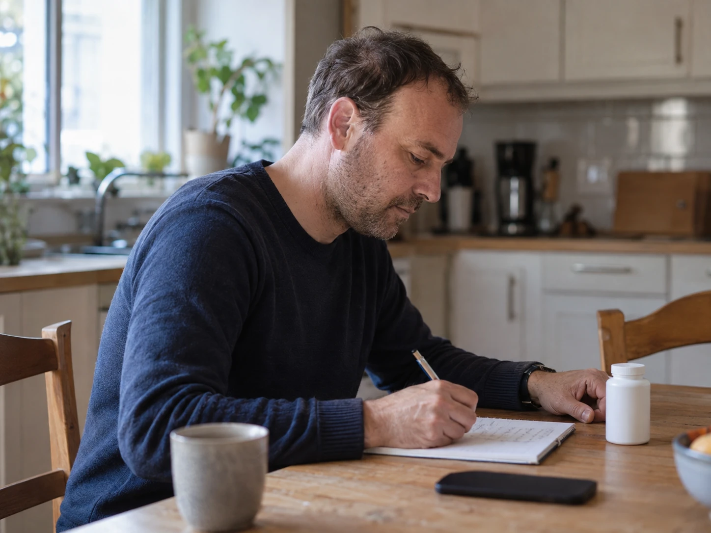 A man writing in a notebook beside a closed pharmacy bottle at home