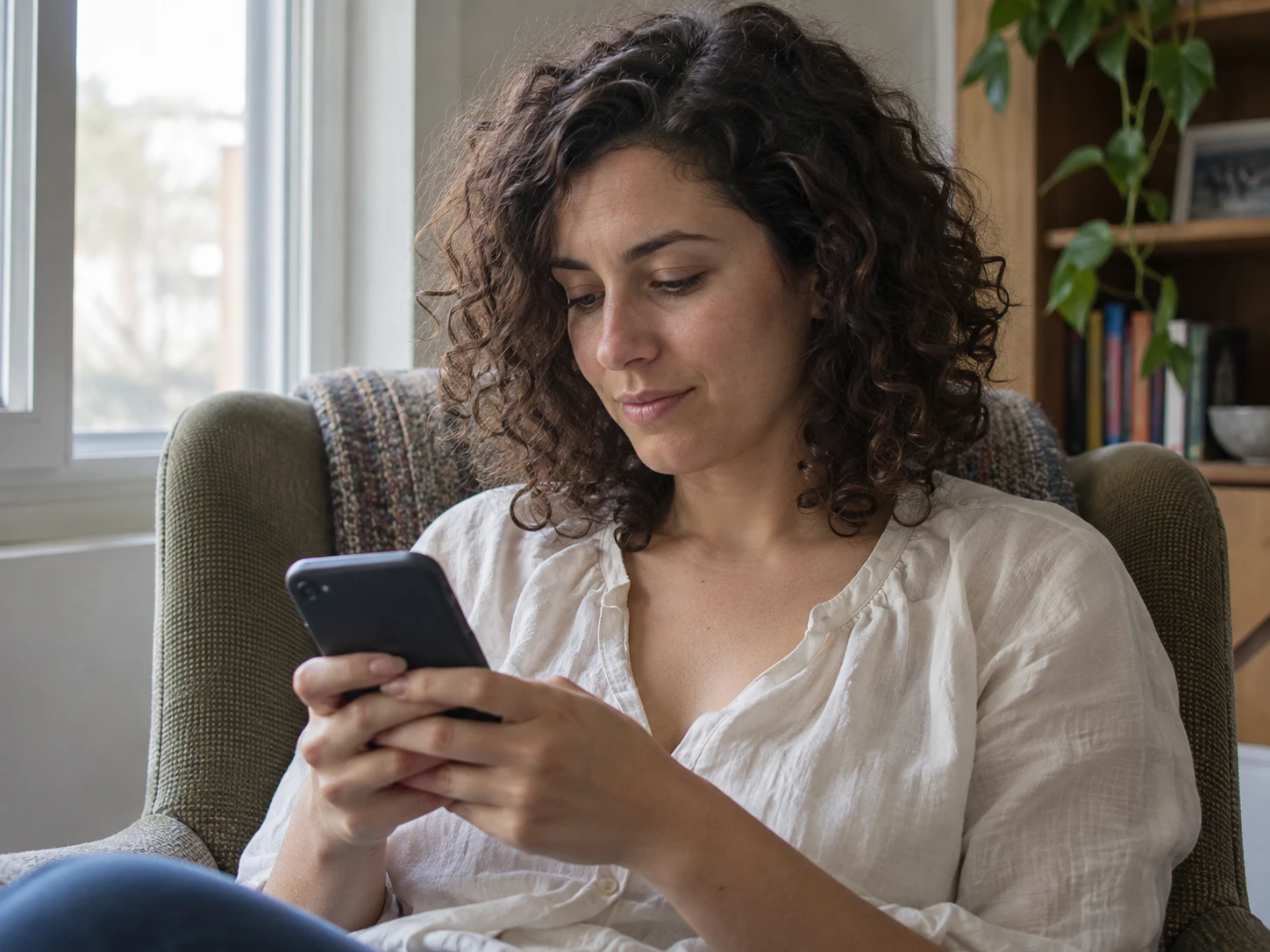 A woman holding her phone with its screen facing her beside a home window