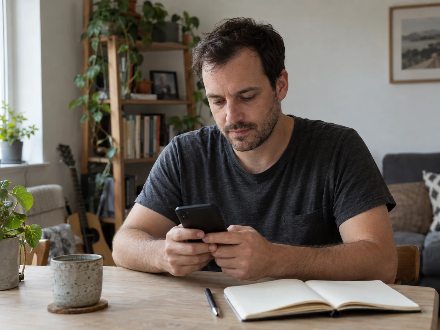 A person reviewing their phone beside an open notebook at home