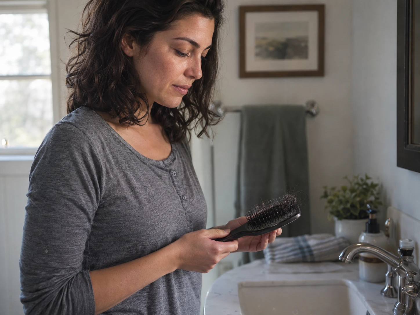 A woman looking at a hairbrush with a few loose strands beside a bathroom sink
