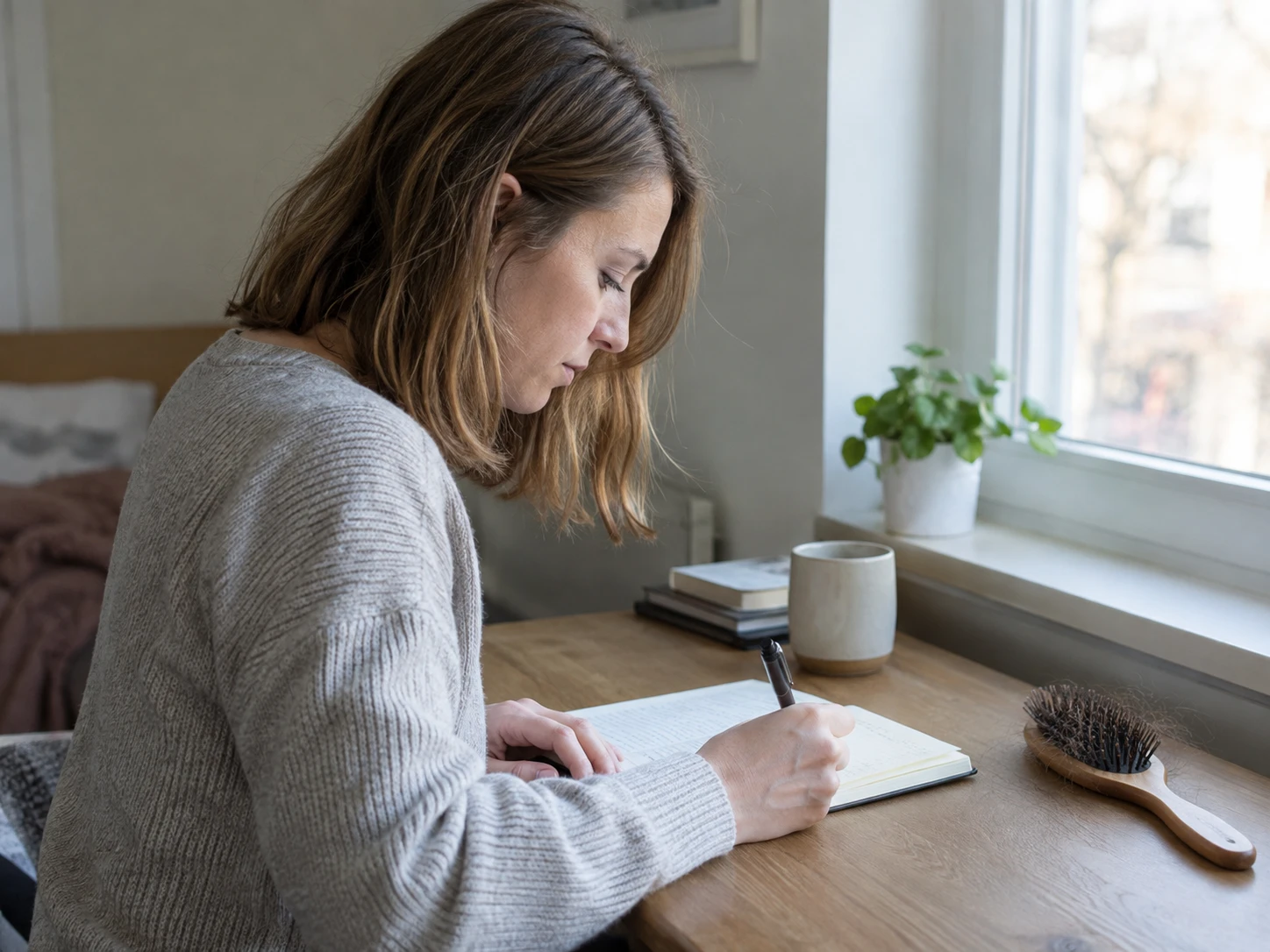 A woman taking notebook notes beside a wooden hairbrush at home