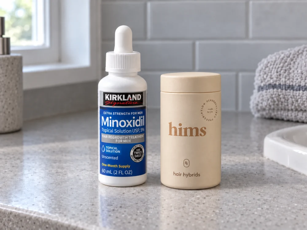 Kirkland Signature 5% topical minoxidil and a Hims Hair Hybrids container on a bathroom counter