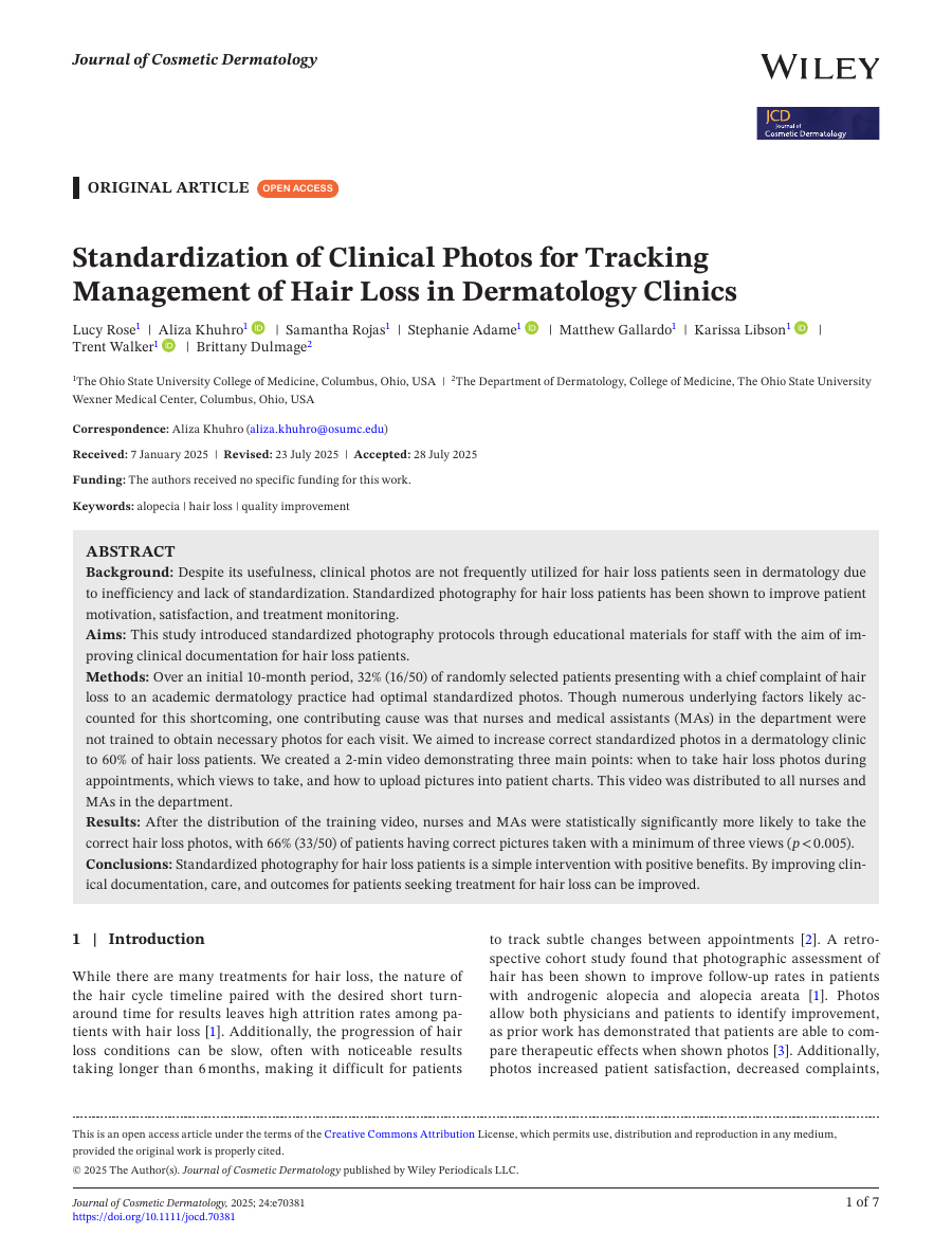First page of Standardization of Clinical Photos for Tracking Management of Hair Loss in Dermatology Clinics