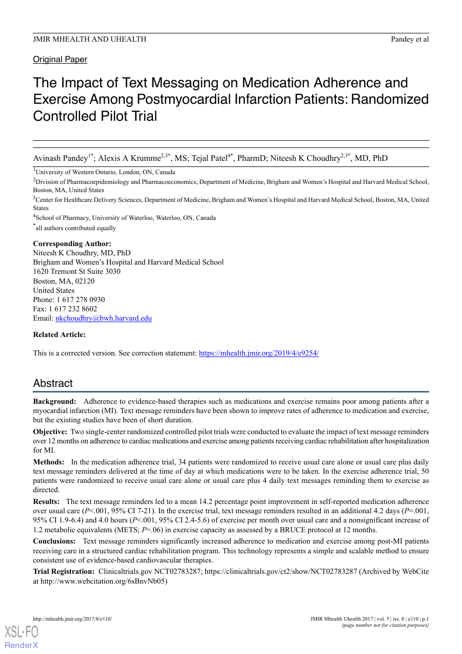First page of The Impact of Text Messaging on Medication Adherence and Exercise Among Postmyocardial Infarction Patients: Randomized Controlled Pilot Trial