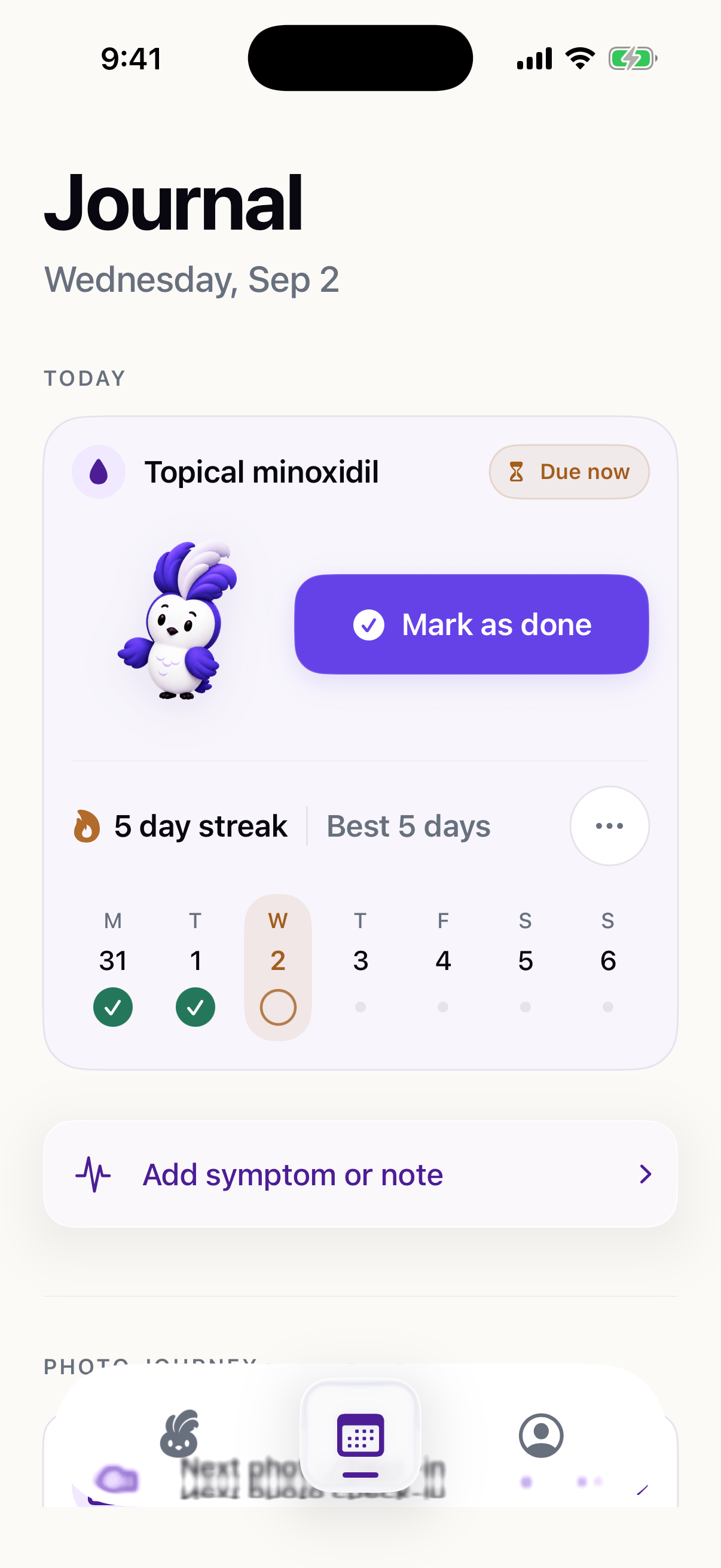 Plume journal with a daily routine, a five-day streak, and a weekly completion calendar