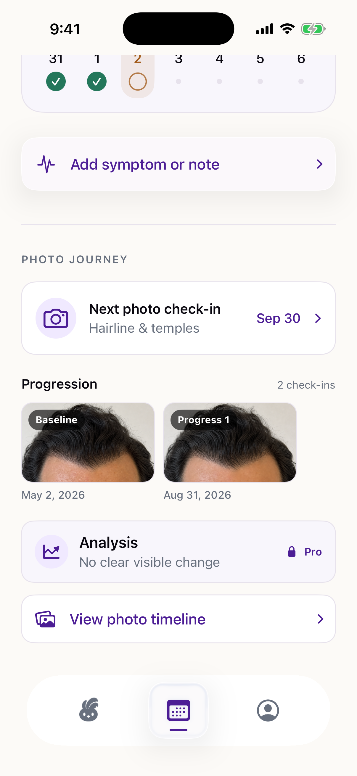 Plume photo journey with dated baseline and progress photos, analysis, and a photo timeline